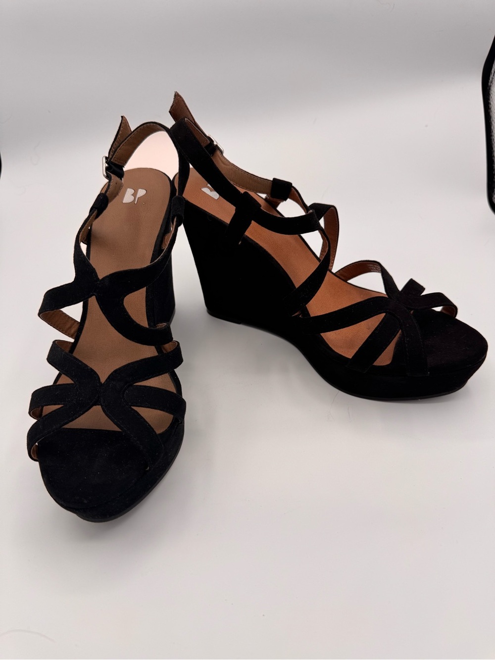 BP Black Strappy Suede Wedge Sandals with Ankle Buckle size 19 Women’s